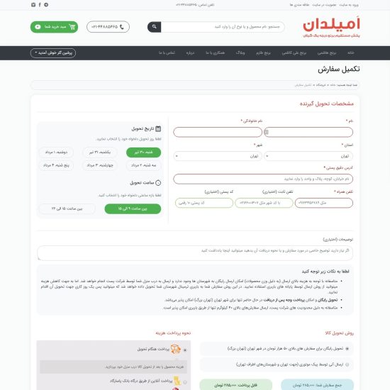 صفحه سفارش و انتخاب زمان ارسال